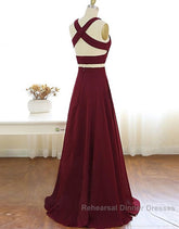 Two Piece Semi Formal Prom Dresses A-Line Floor-length Burgundy Chiffon Semi Formal Prom Dress